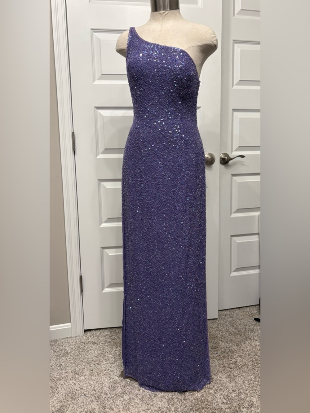 Scala Sequined One Shoulder Silk Gown Purple Open Back